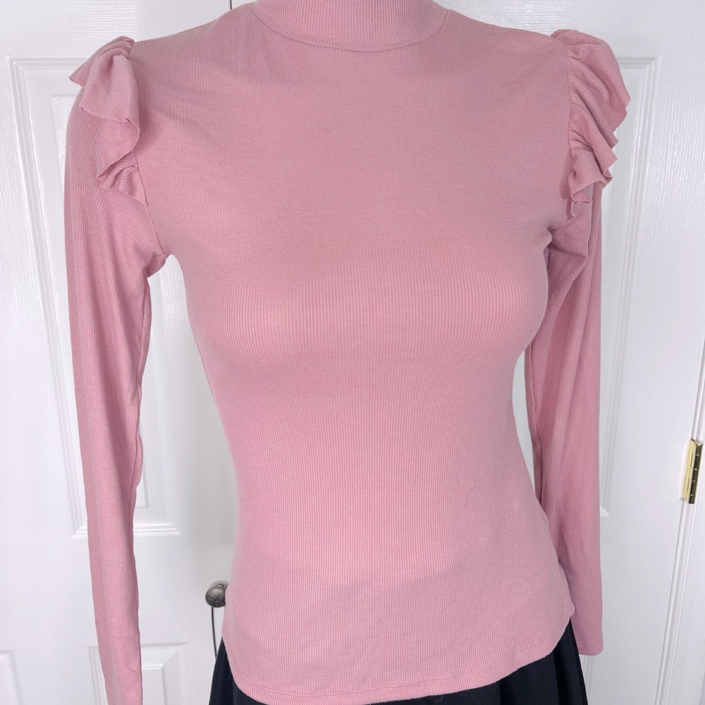 PRIMARK top Dusty Rose Pink ribbed long sleeve sweater top shoulder accents 4 - Picture 1 of 6